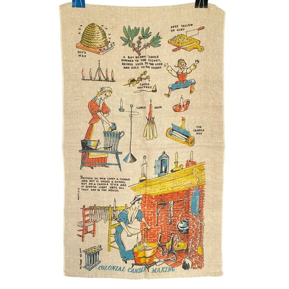 Colonial Candle Making Linen Tea Towel Vintage 27" X 16.5" Rustic Kitchen - Picture 1 of 8
